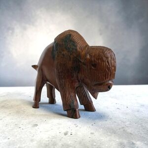 Hand Carved Solid Wood Bison Figurine Rustic American Buffalo Sculpture 5.5"
